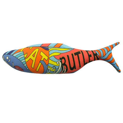 Multicolor fish-shaped cat toy with graphic print on a white background