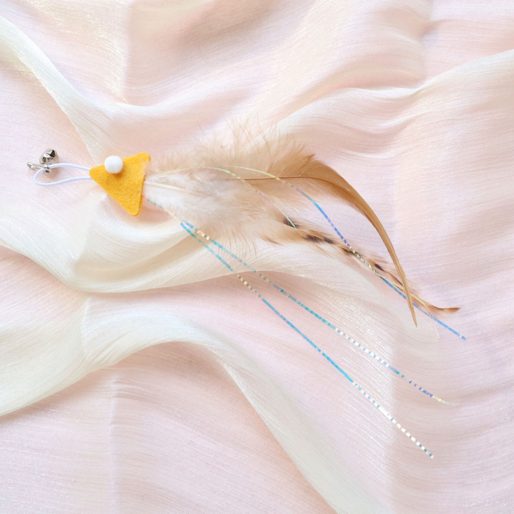 Yellow fish-shaped cat teaser replacement attachment with feather tail and bell