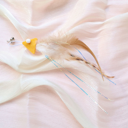 Yellow fish-shaped cat teaser replacement attachment with feather tail and bell