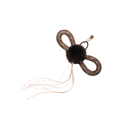 Butterfly-shaped cat toy with looped wings, fuzzy center, trailing reflective strands and bell
