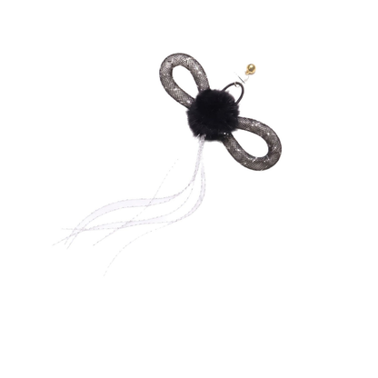 Butterfly-shaped cat toy with looped wings, fuzzy center, trailing strands and bell on a white background