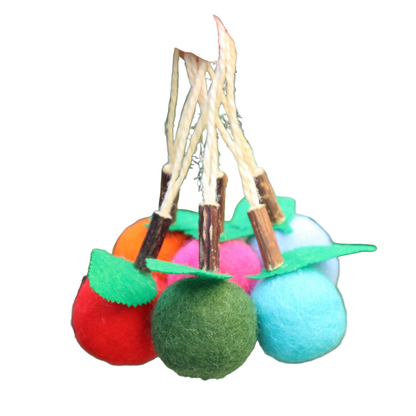 Multiple colors of the fruit-shaped dangling cat toy held together