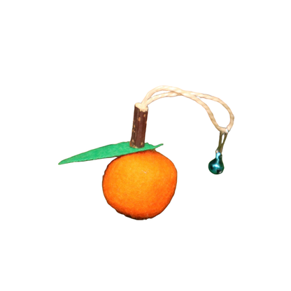 Orange fruit-shaped dangling cat toy with green leaf and bell