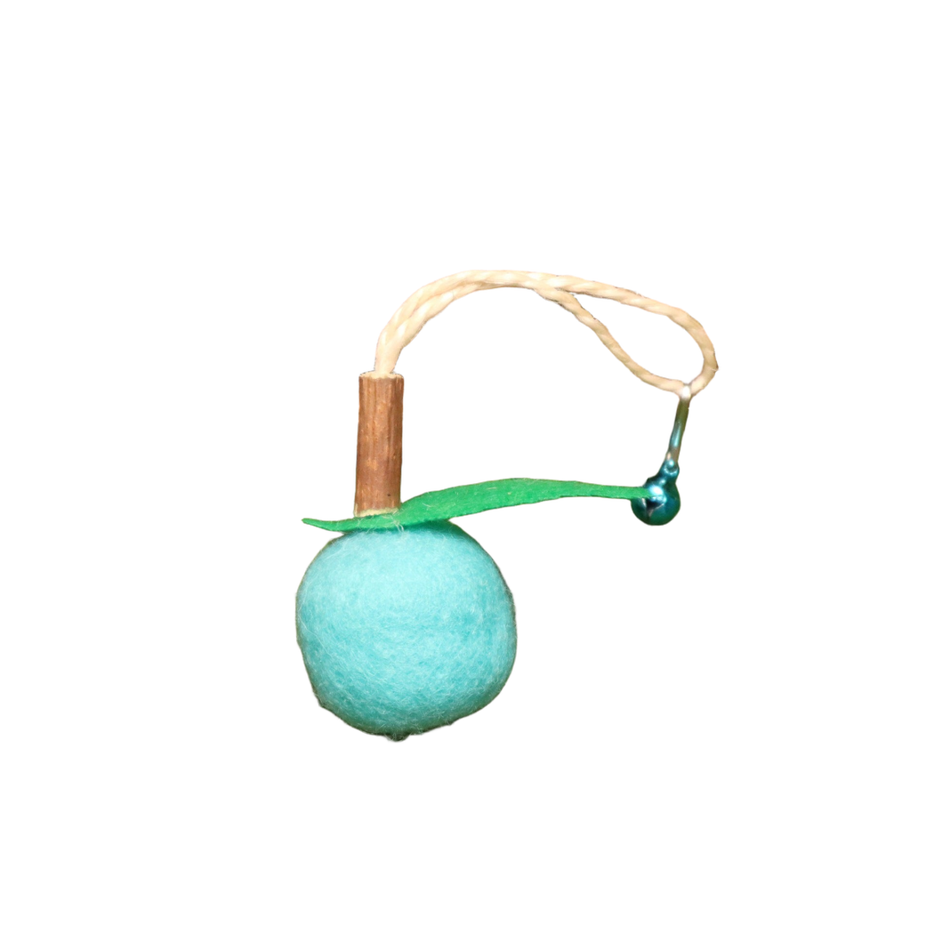 Lake blue fruit-shaped dangling cat toy with green leaf and bell