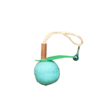 Lake blue fruit-shaped dangling cat toy with green leaf and bell