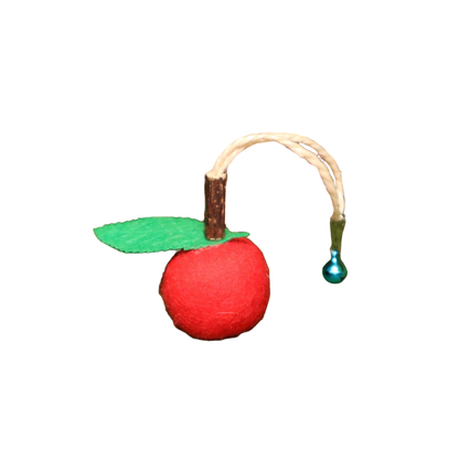 Red fruit-shaped dangling cat toy with green leaf and bell