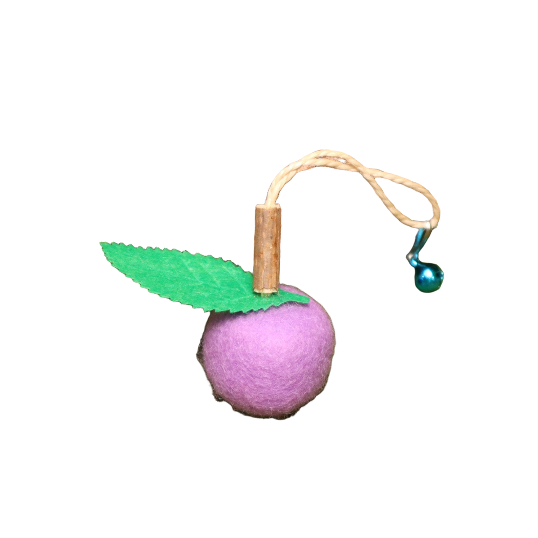 Purple fruit-shaped dangling cat toy with green leaf and bell