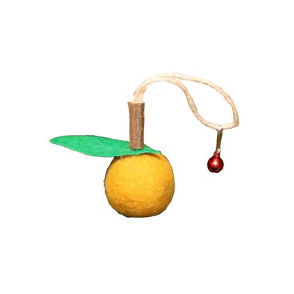 Mustard yellow fruit-shaped dangling cat toy with green leaf and bell