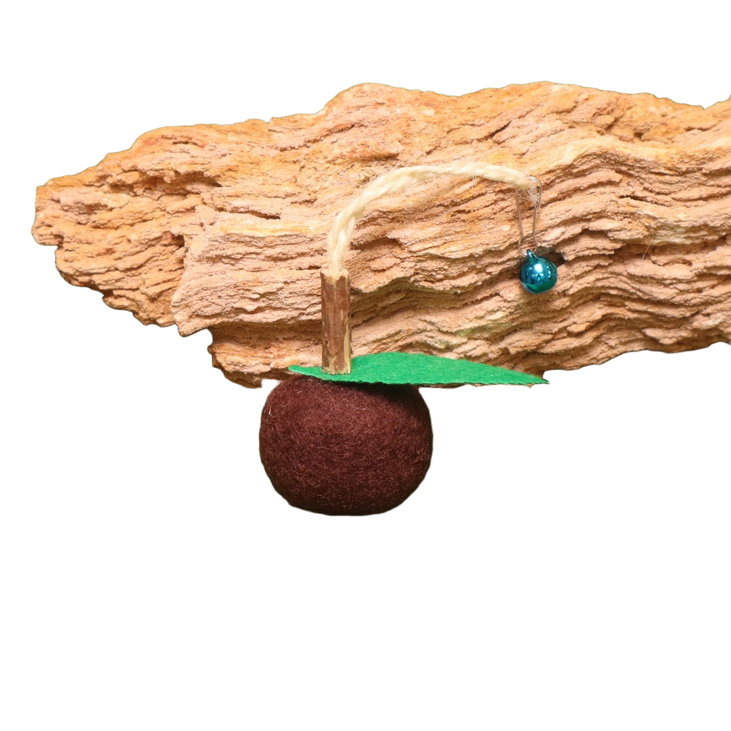 Coffee brown fruit-shaped dangling cat toy with green leaf and bell