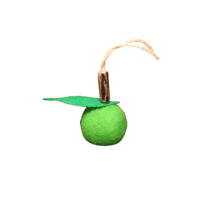 Green fruit-shaped dangling cat toy with green leaf and bell