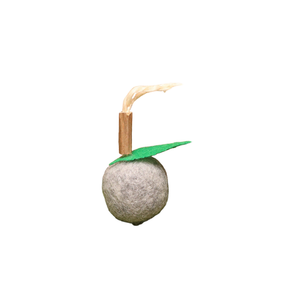 Heather gray fruit-shaped dangling cat toy with green leaf and bell