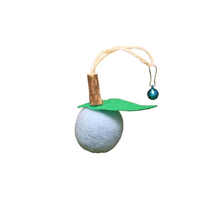 Light blue fruit-shaped dangling cat toy with green leaf and bell