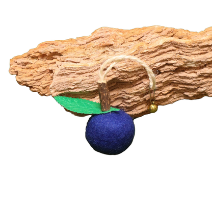 Navy fruit-shaped dangling cat toy with green leaf and bell