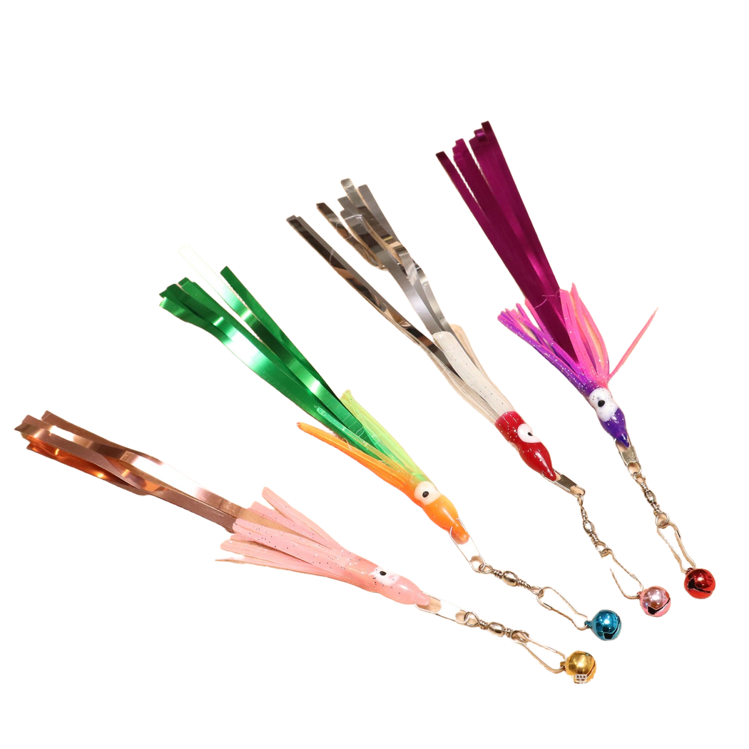 Silver, Fuchsia, Green, and Rose Pink clip-on tassel cat toys displayed together