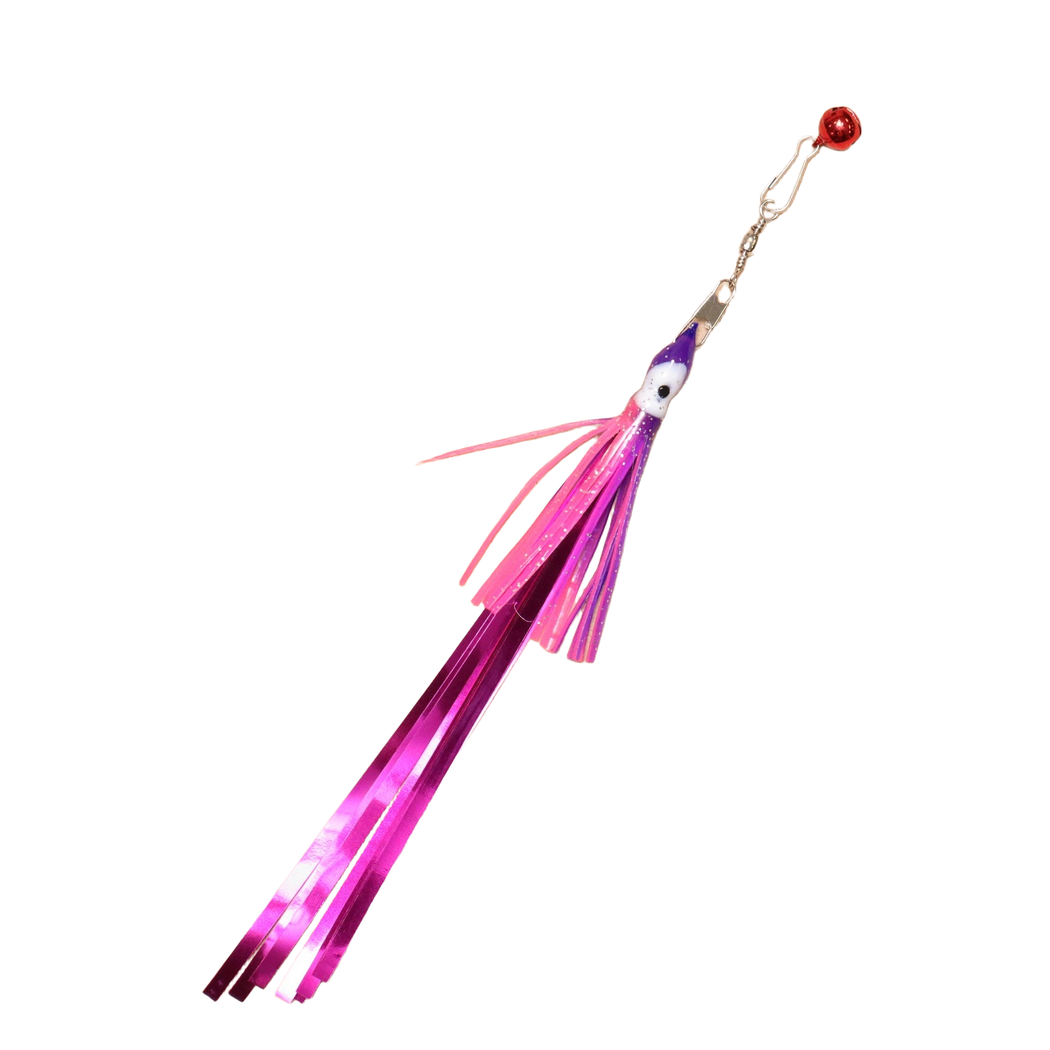 Fuchsia clip-on tassel cat toy with bell, full view