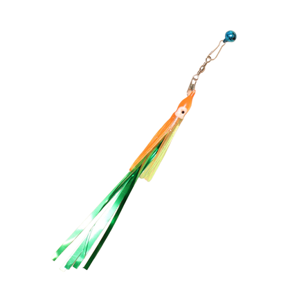 Green clip-on tassel cat toy with bell, full view