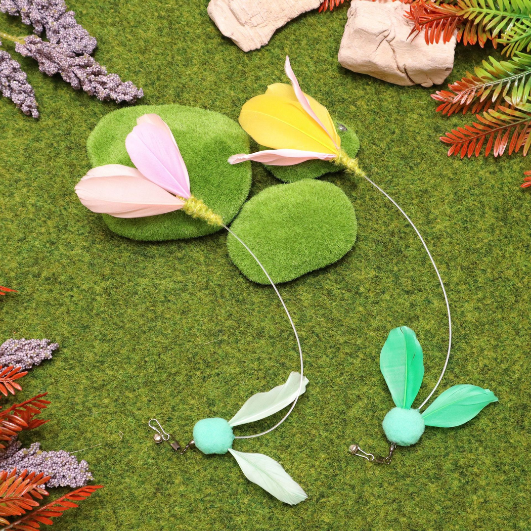 Pink Yellow and Pink Purple tulip-shaped cat wand replacement attachments displayed together