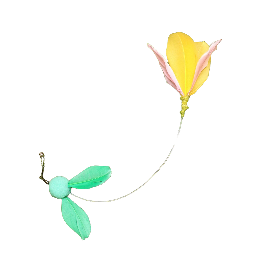 Pink Yellow tulip-shaped cat wand replacement attachment with feathered pom-pom tail