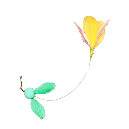 Pink Yellow tulip-shaped cat wand replacement attachment with feathered pom-pom tail