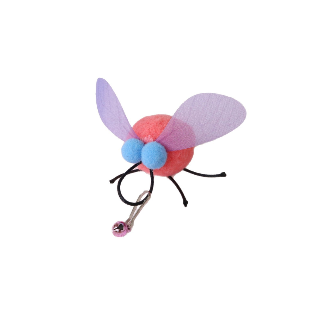 Pink fly-shaped cat toy with purple wings and bell clip