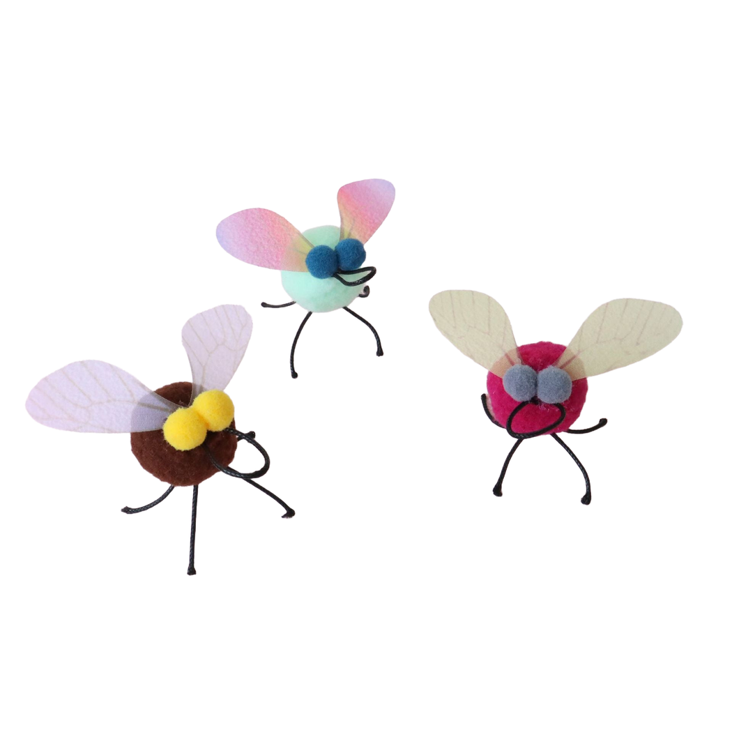 Brown, Mint and Fuchsia fly-shaped cat toys standing on cord legs