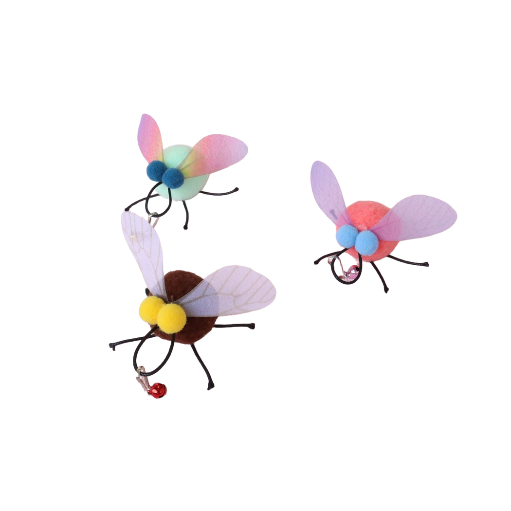 Brown, Mint and Pink fly-shaped cat toys with bell clips