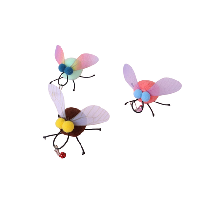 Brown, Mint and Pink fly-shaped cat toys with bell clips