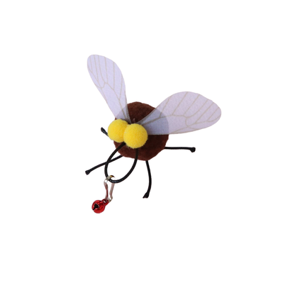 Brown fly-shaped cat toy with translucent wings and red bell clip