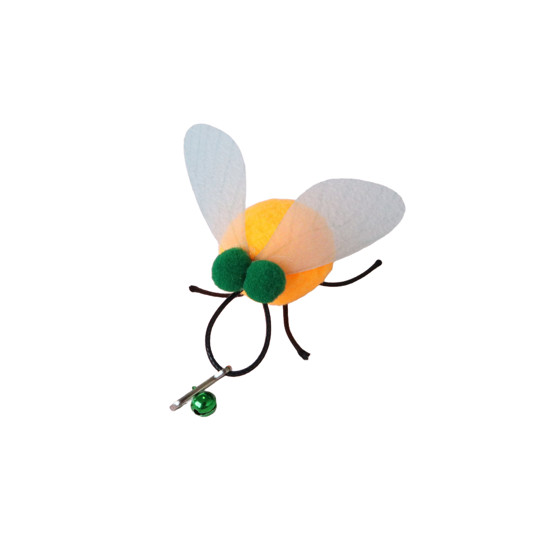Orange Yellow fly-shaped cat toy with pale wings and green bell clip