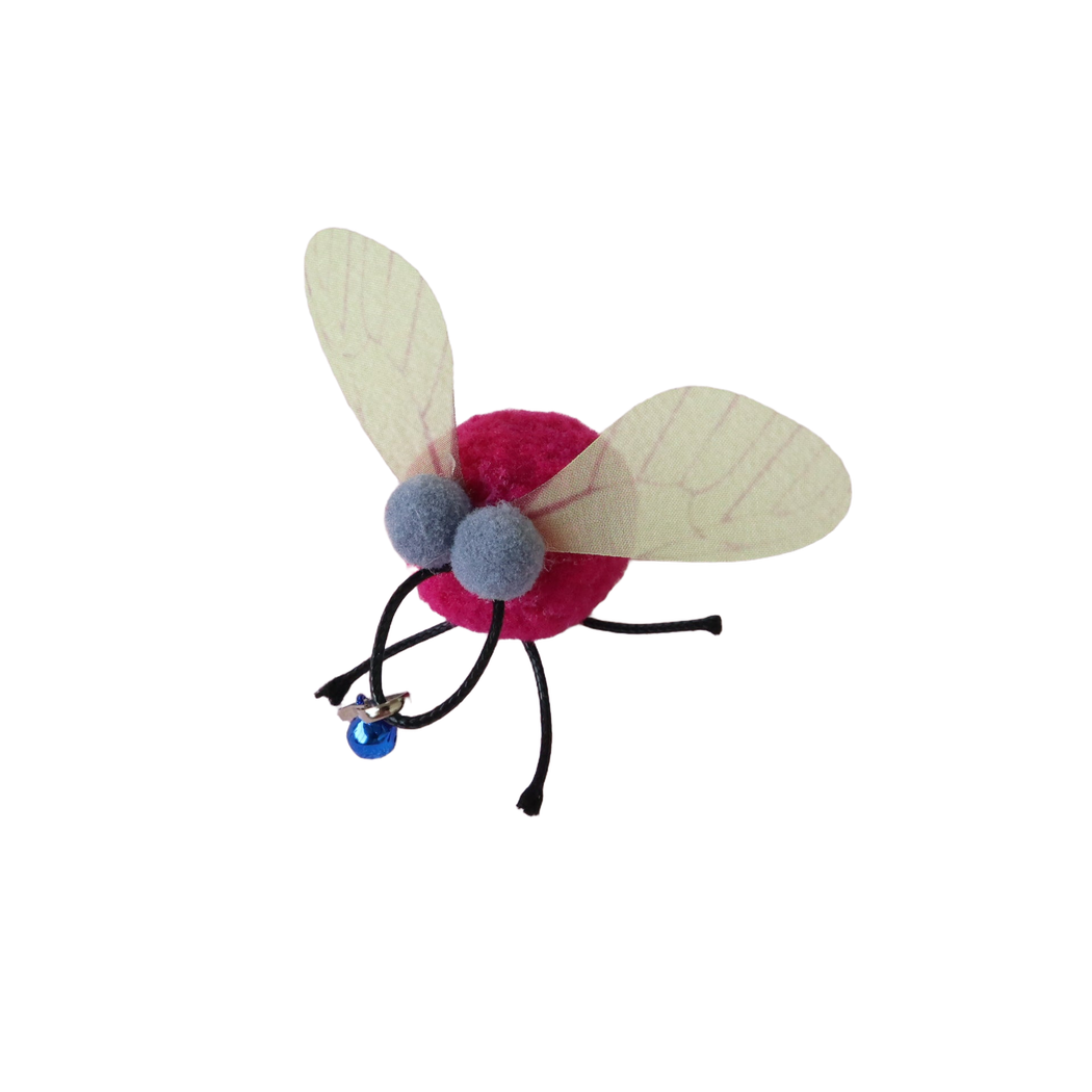 Fuchsia fly-shaped cat toy with pale yellow wings and blue bell clip
