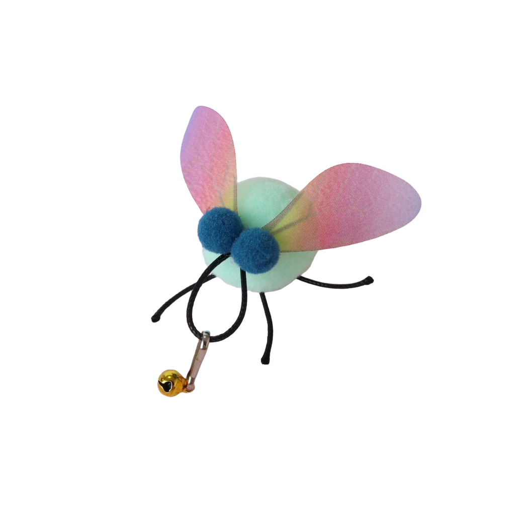 Mint fly-shaped cat toy with multicolor wings and gold bell clip