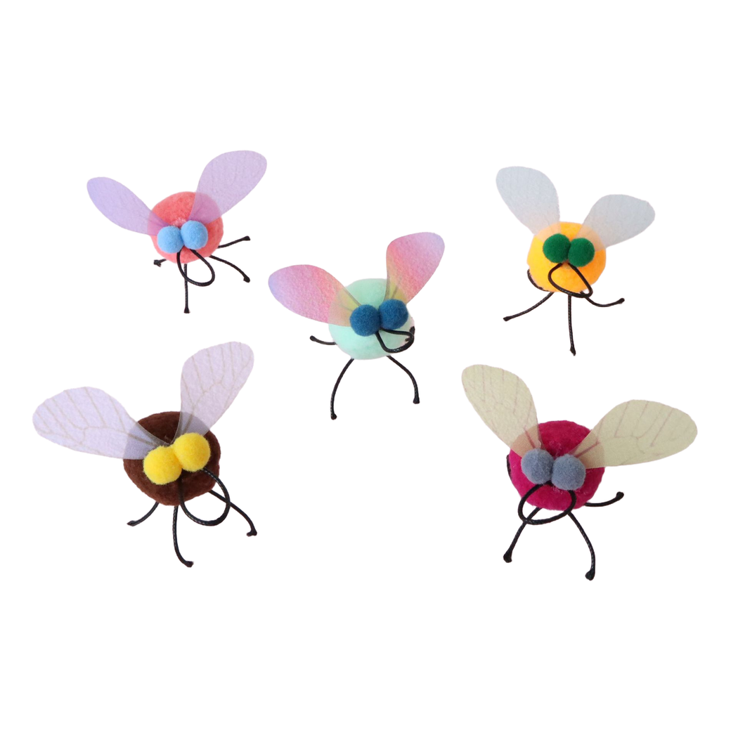 Five color variants of fly-shaped cat toys displayed together