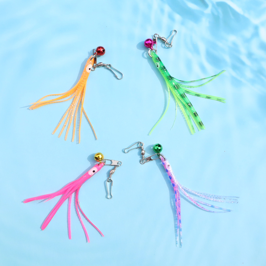 Four colorful octopus cat toy attachments arranged on a blue background