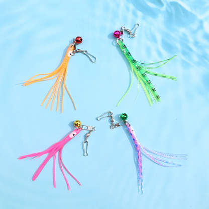 Four colorful octopus cat toy attachments arranged on a blue background