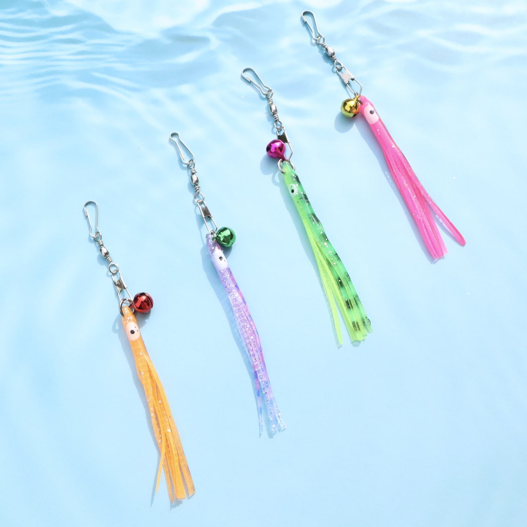 Orange, Light Purple, Green and Pink octopus cat toy attachments displayed in a row