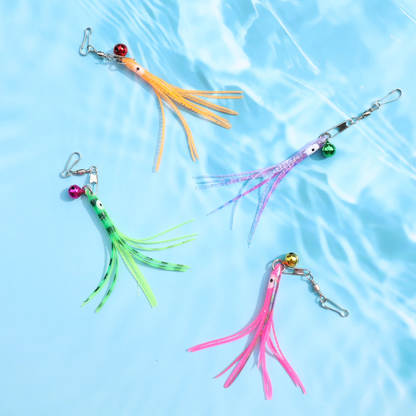 Four colorful octopus cat toy attachments arranged over a water-patterned blue background