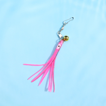 Pink octopus cat toy attachment with gold-tone bell and metal clip