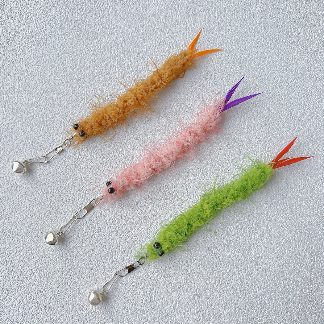 Green, Pink, and Brown fuzzy cat teaser replacement toys with clips and bells