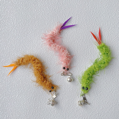 Green, Pink, and Brown fuzzy cat teaser replacement toys in curved views
