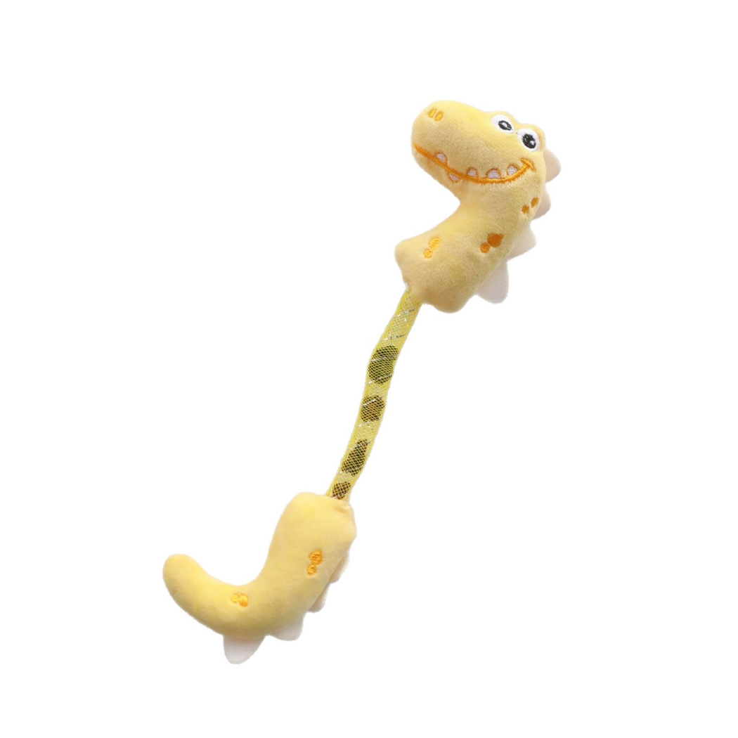 Yellow double-ended dinosaur cat toy with a mesh connector