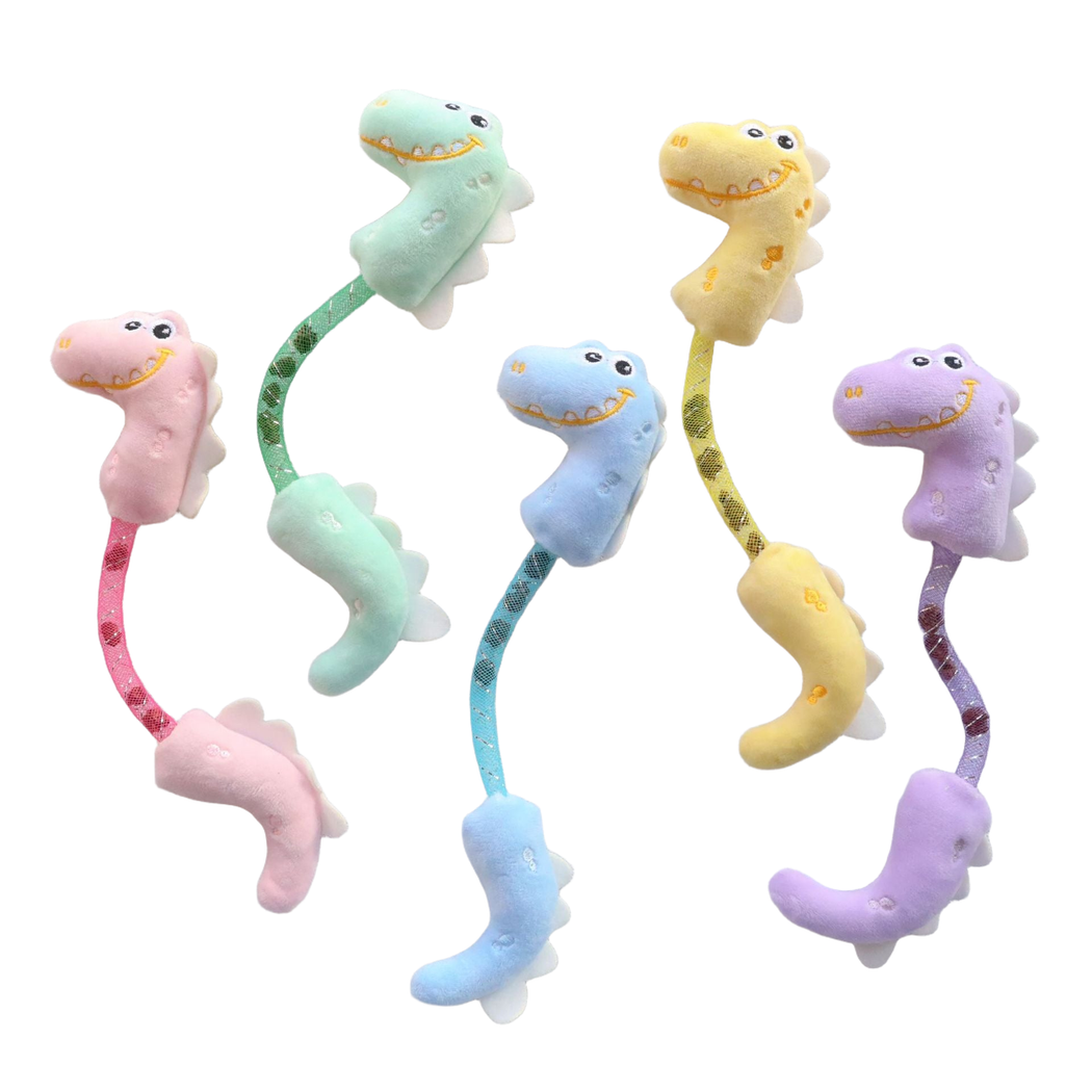 Yellow, light pink, light purple, light blue and mint double-ended dinosaur cat toys displayed together