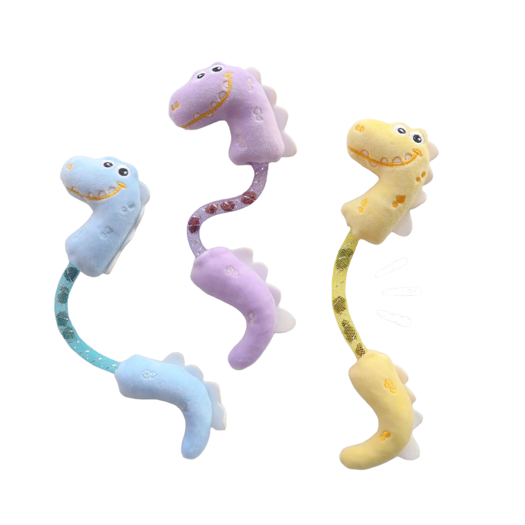 Light blue, light purple and yellow double-ended dinosaur cat toys with curved mesh connectors