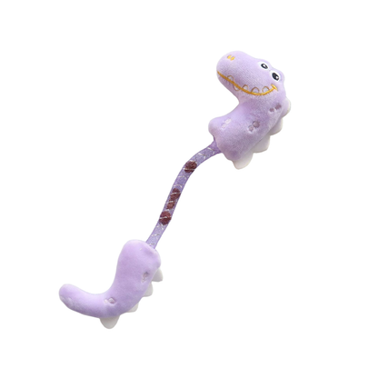 Light purple double-ended dinosaur cat toy with a mesh connector