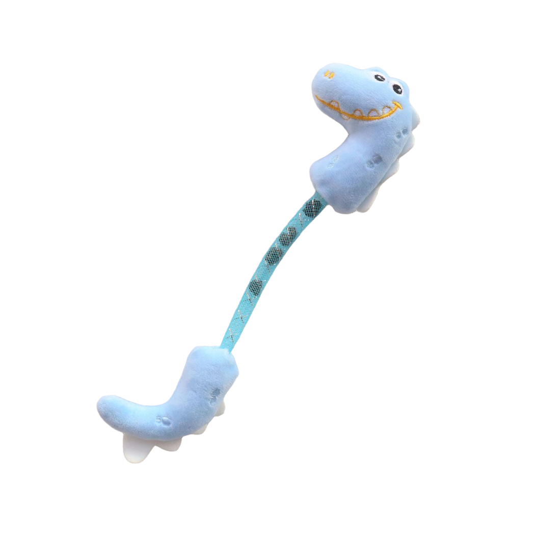 Light blue double-ended dinosaur cat toy with a mesh connector