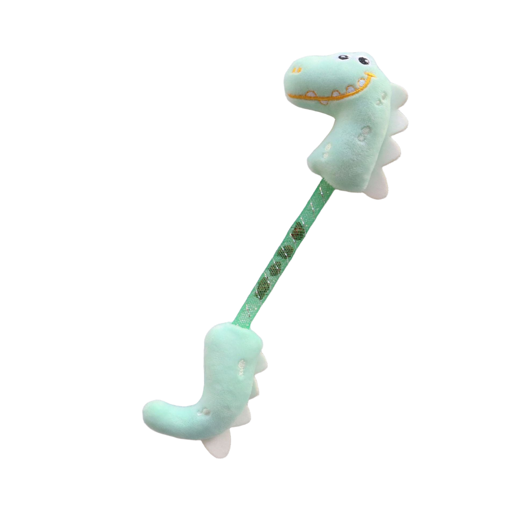 Mint double-ended dinosaur cat toy with a mesh connector