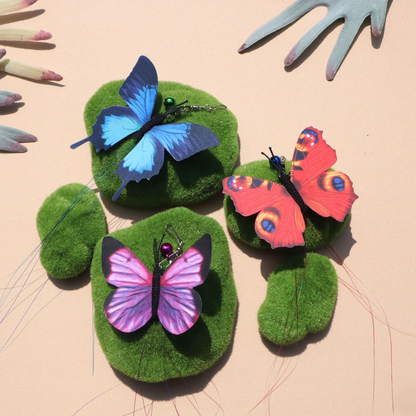 Blue, Purple and Red butterfly cat teaser replacement heads in a close arranged display