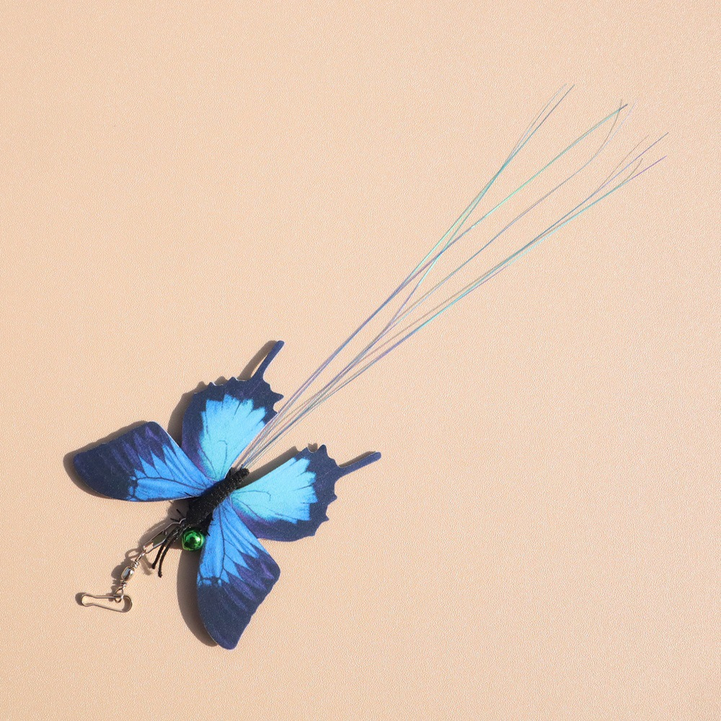 Blue butterfly cat teaser replacement head with clip, bell and trailing strands
