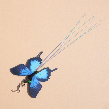 Blue butterfly cat teaser replacement head with clip, bell and trailing strands