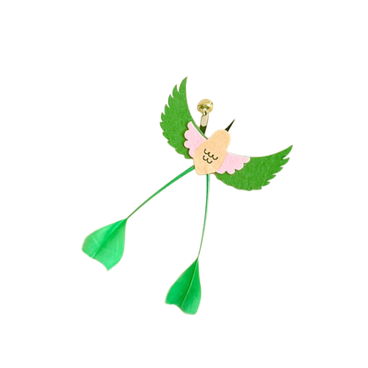 Green and pink long-tailed bird-shaped cat toy attachment with clip and bell