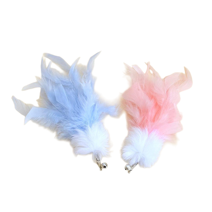 Light Blue and Light Pink feather cat teaser replacement heads with white pom-poms, clips and bells